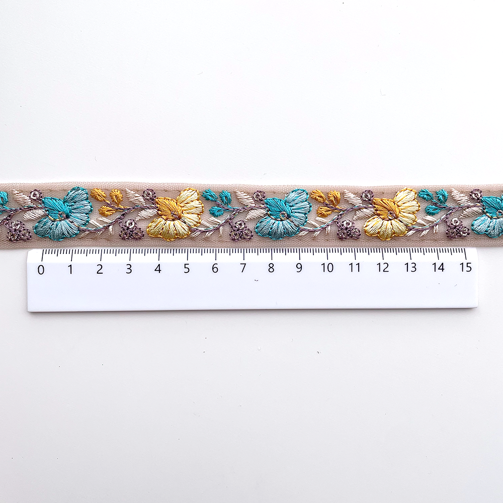 730 【 幅：2.5cm 】 インド刺繍リボン　ブラウン　チュール　イエロー　ターコイズ