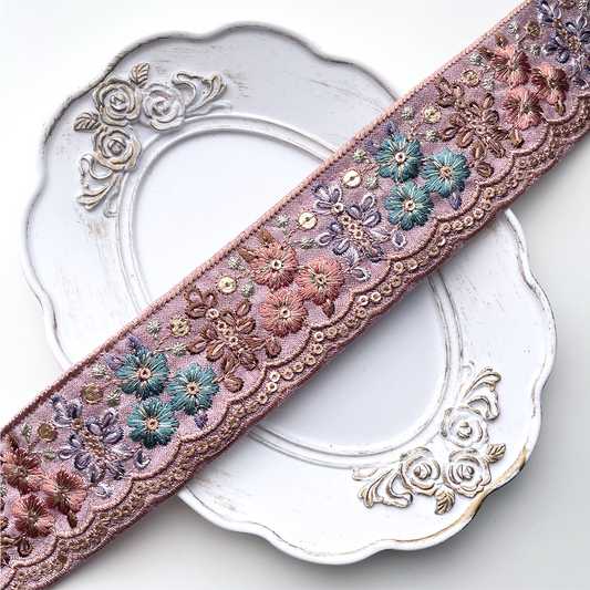 736 【 幅：4.5cm 】 インド刺繍リボン　パープル　布地　ターコイズ　ブラウン