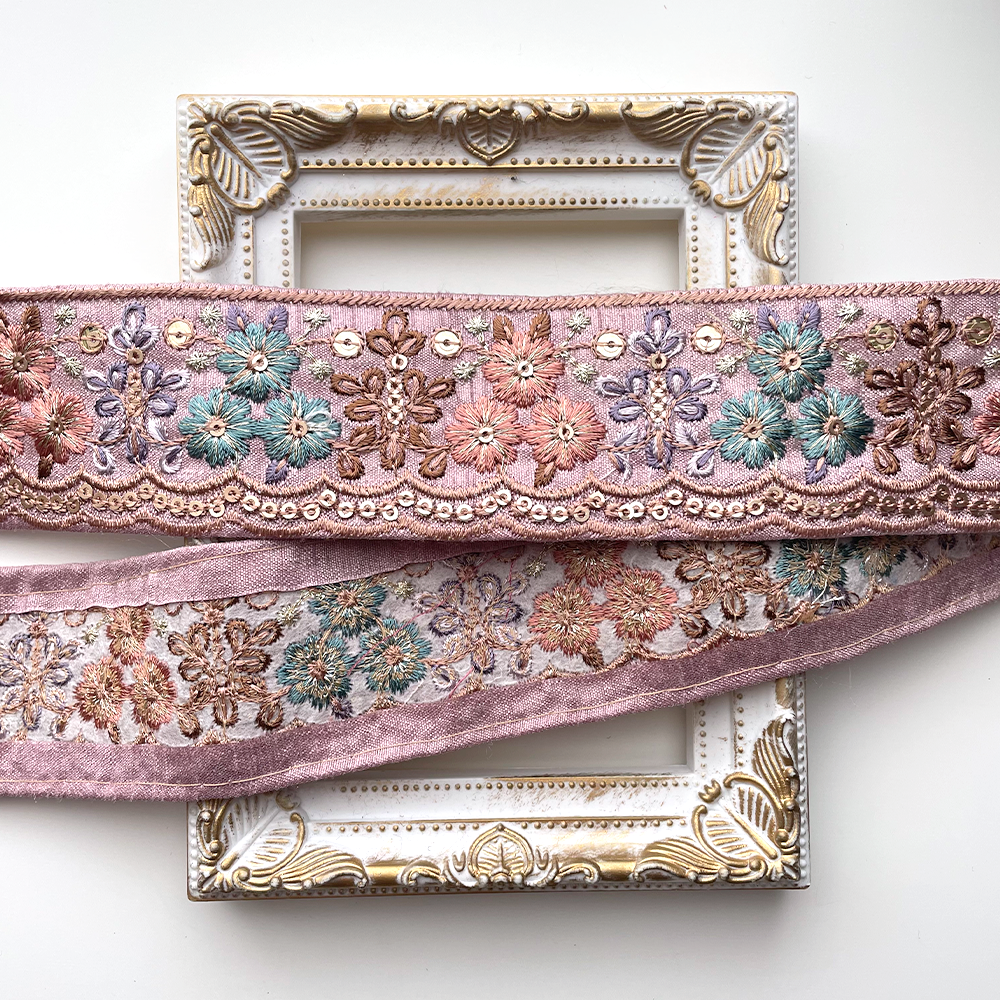 736 【 幅：4.5cm 】 インド刺繍リボン　パープル　布地　ターコイズ　ブラウン