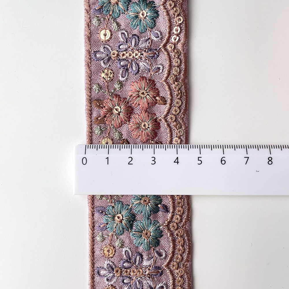 736 【 幅：4.5cm 】 インド刺繍リボン　パープル　布地　ターコイズ　ブラウン