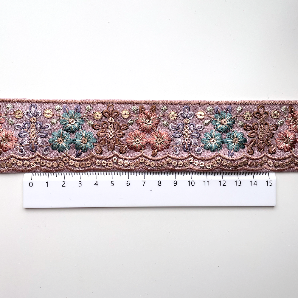 736 【 幅：4.5cm 】 インド刺繍リボン　パープル　布地　ターコイズ　ブラウン