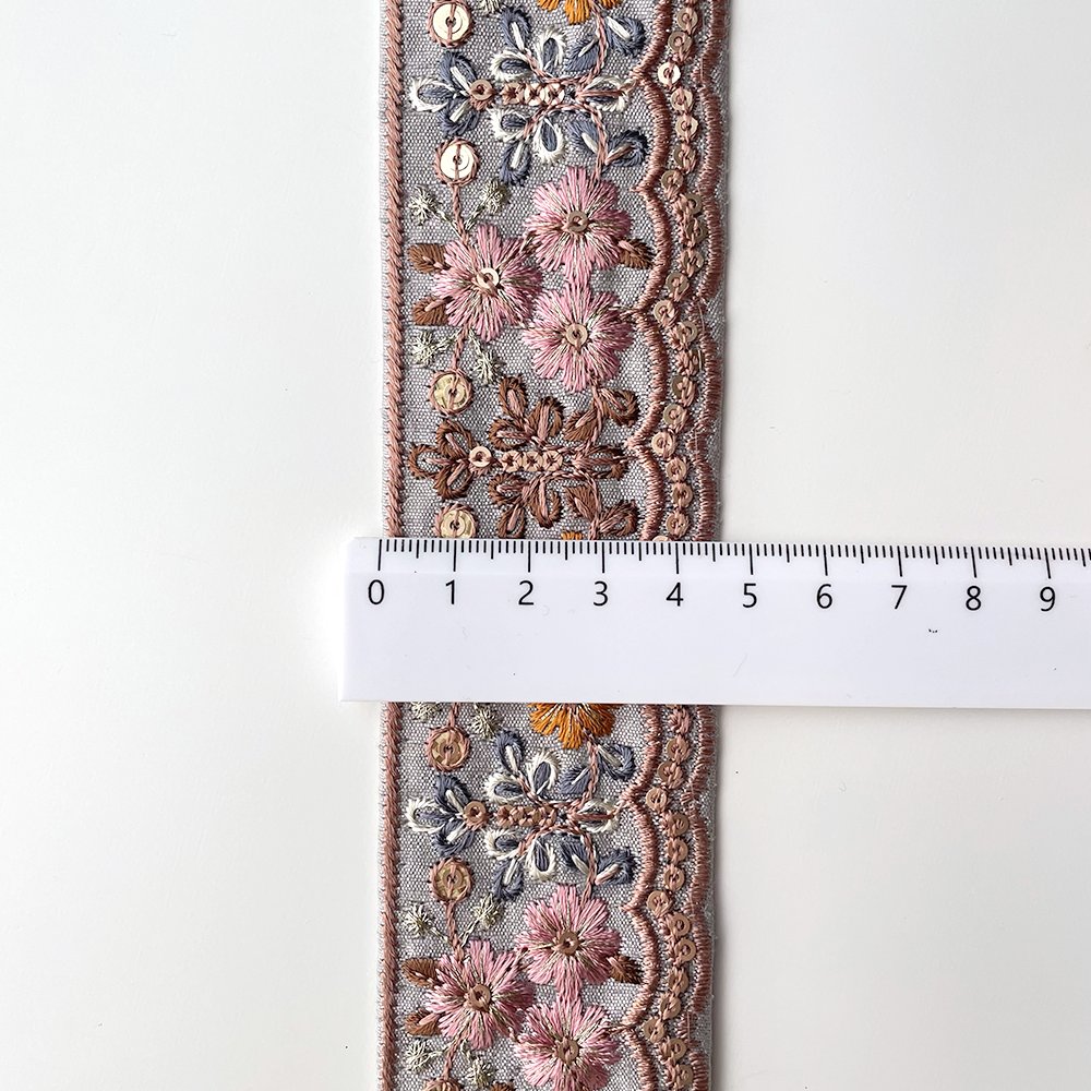 737 【 幅：4.5cm 】 インド刺繍リボン　ブルー　布地　ピンク　オレンジ