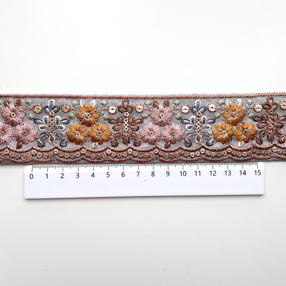 737 【 幅：4.5cm 】 インド刺繍リボン　ブルー　布地　ピンク　オレンジ