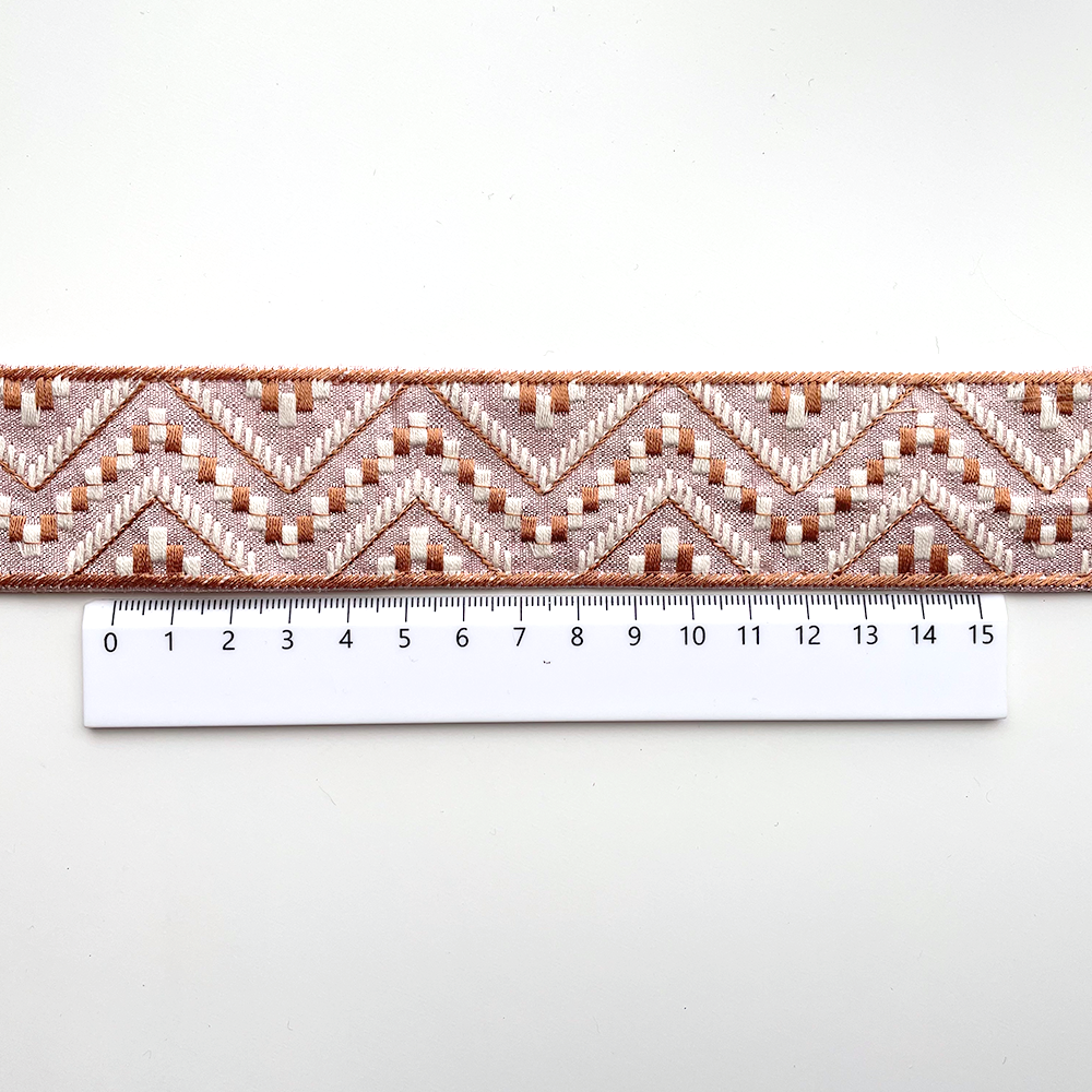 743 【 幅：3.5cm 】 インド刺繍リボン　ピンク　布地　ブラウン　ホワイト