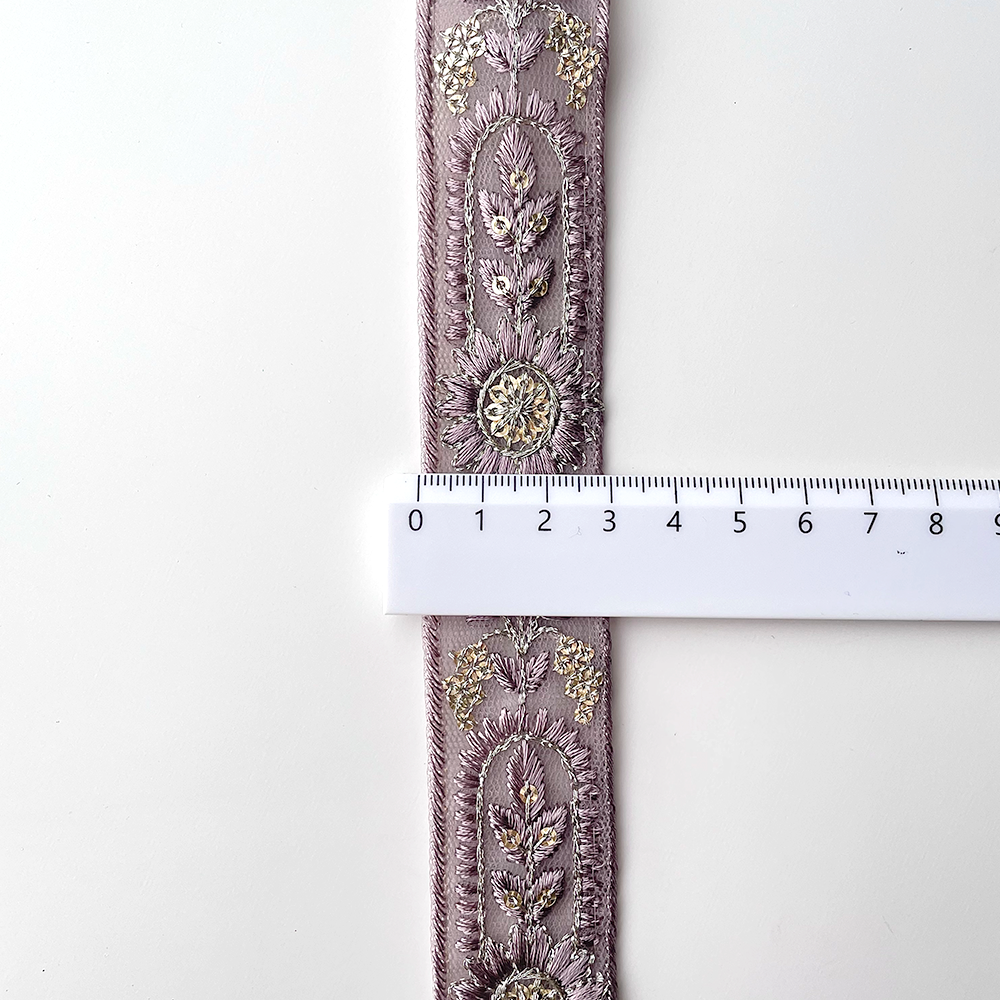 744 【 幅：3cm 】 インド刺繍リボン　パープル　チュール　ゴールド