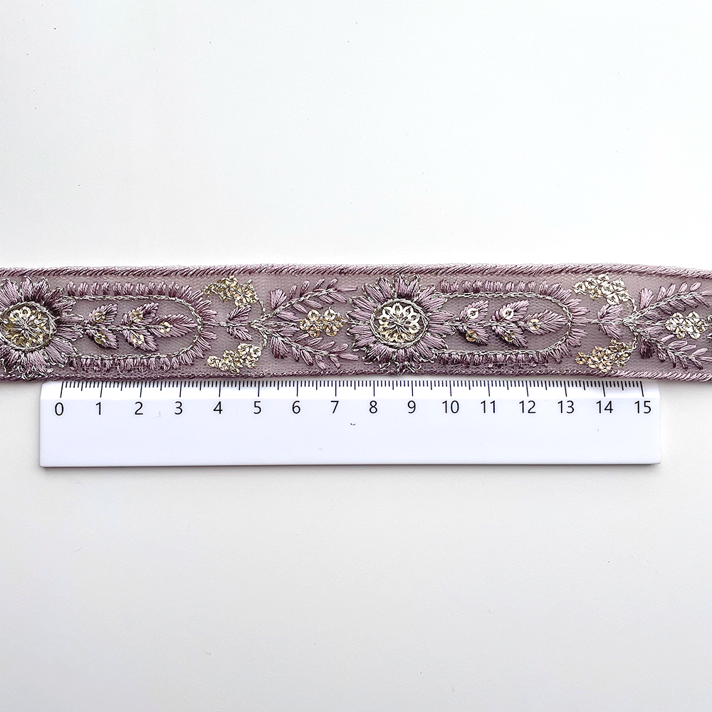 744 【 幅：3cm 】 インド刺繍リボン　パープル　チュール　ゴールド