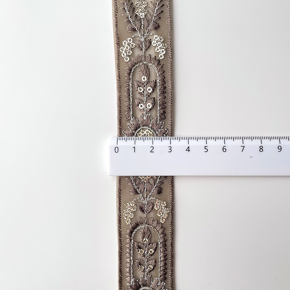 745 【 幅：3cm 】 インド刺繍リボン　モスグリーン　チュール　ゴールド