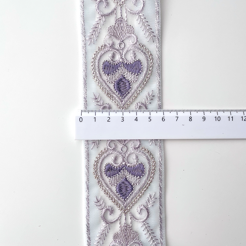 748 【 幅：5.5cm 】 インド刺繍リボン　ベビーブルー　チュール　パープル