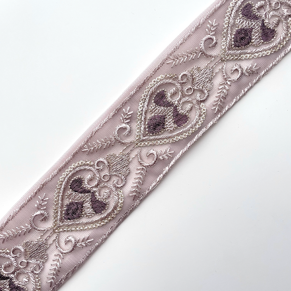751 【 幅：5.5cm 】 インド刺繍リボン　パープル　チュール　