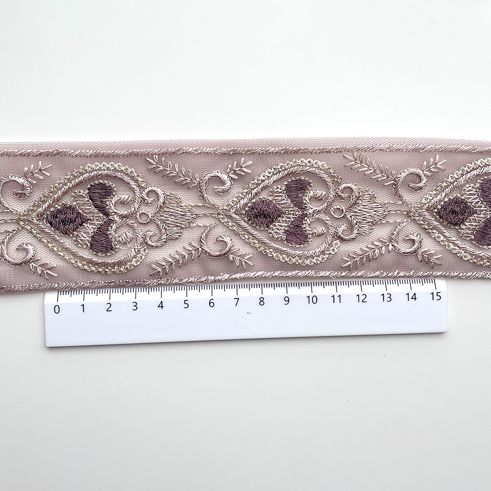 751 【 幅：5.5cm 】 インド刺繍リボン　パープル　チュール　