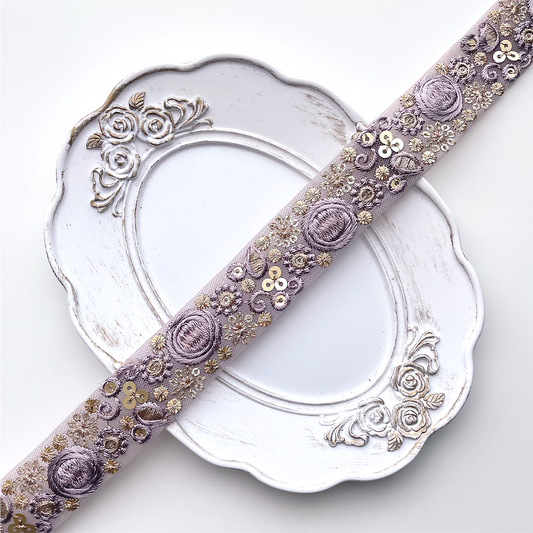 754 【 幅：2.5cm 】 インド刺繍リボン　パープル　チュール　ゴールド