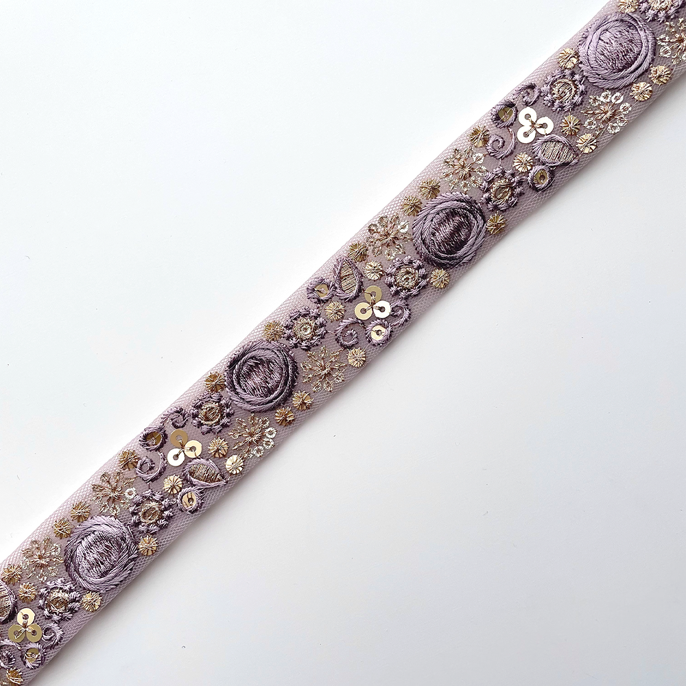 754 【 幅：2.5cm 】 インド刺繍リボン　パープル　チュール　ゴールド