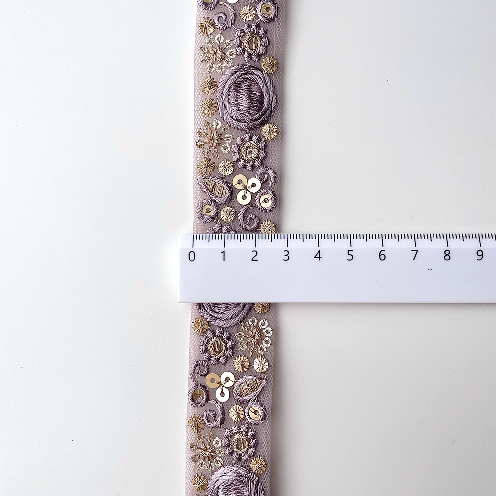 754 【 幅：2.5cm 】 インド刺繍リボン　パープル　チュール　ゴールド