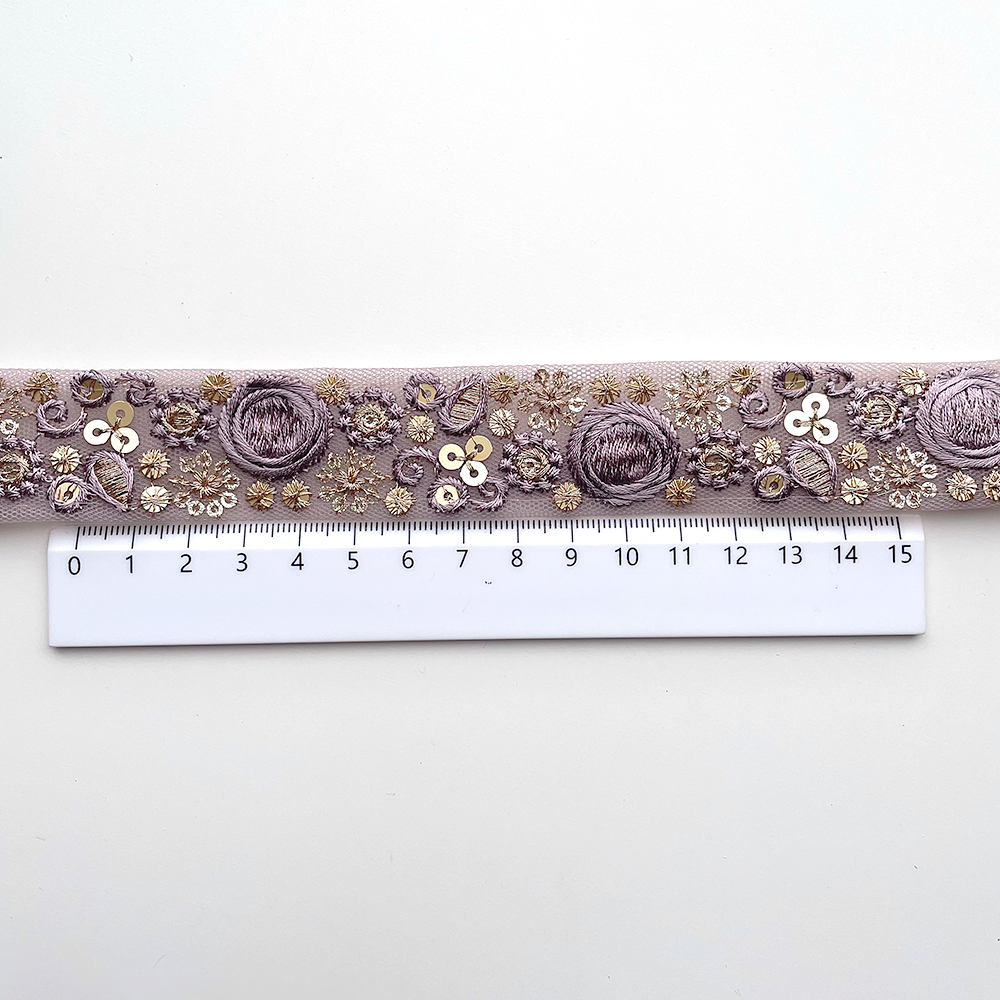754 【 幅：2.5cm 】 インド刺繍リボン　パープル　チュール　ゴールド