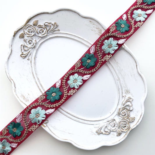 761 【 幅：2.5cm 】 インド刺繍リボン　ダークチェリー　チュール　グリーン　ミント