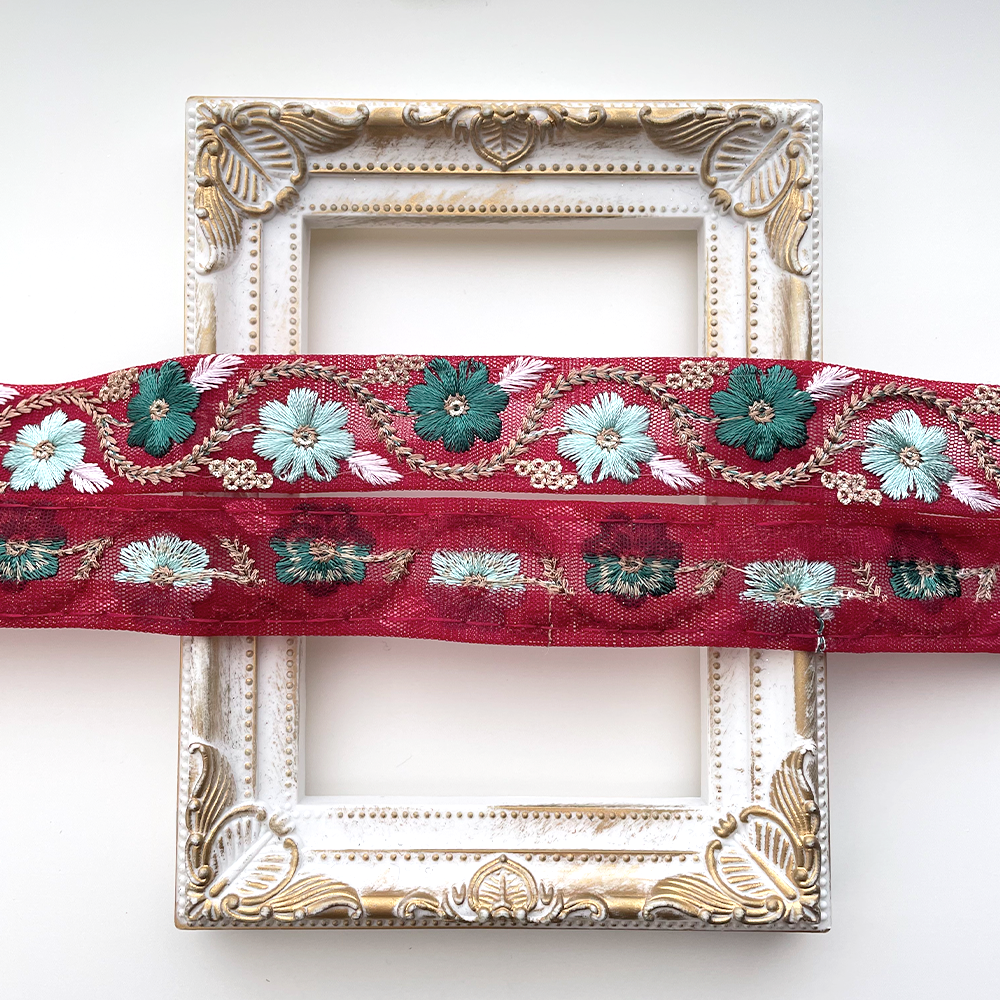 761 【 幅：2.5cm 】 インド刺繍リボン　ダークチェリー　チュール　グリーン　ミント