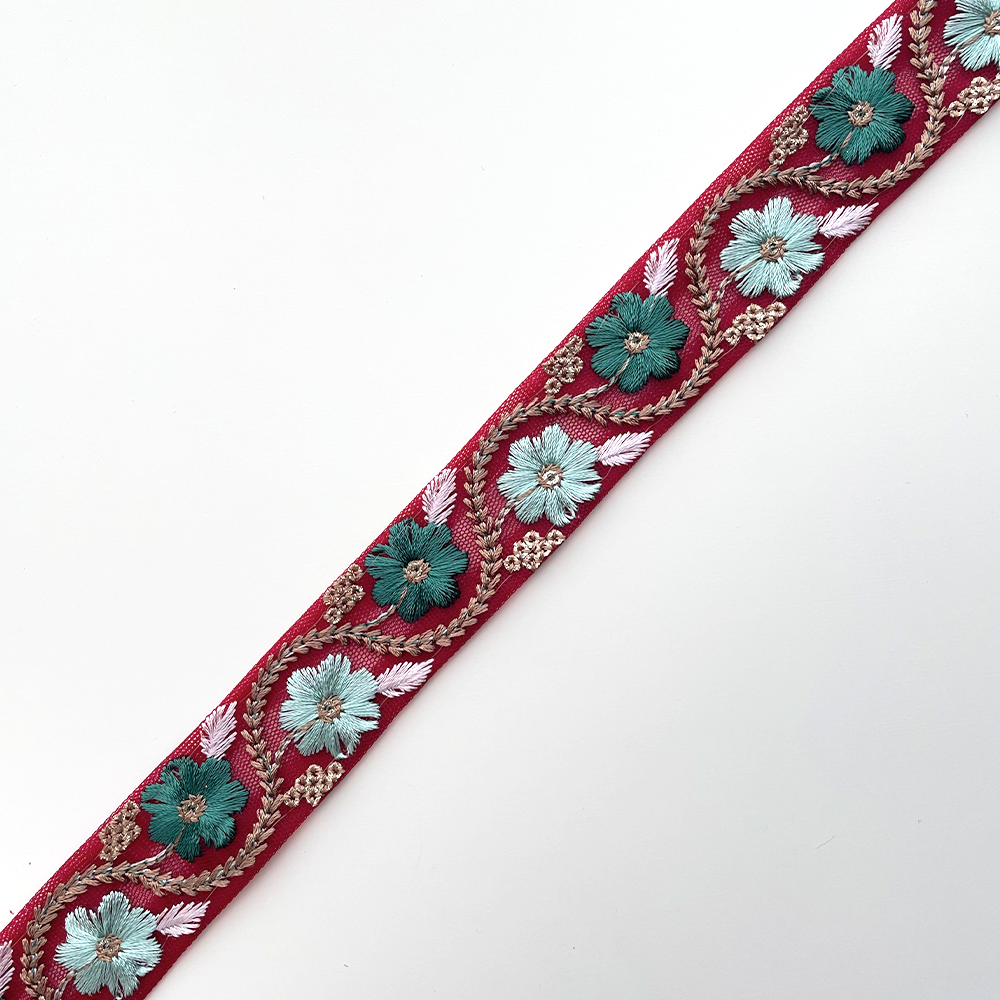 761 【 幅：2.5cm 】 インド刺繍リボン　ダークチェリー　チュール　グリーン　ミント