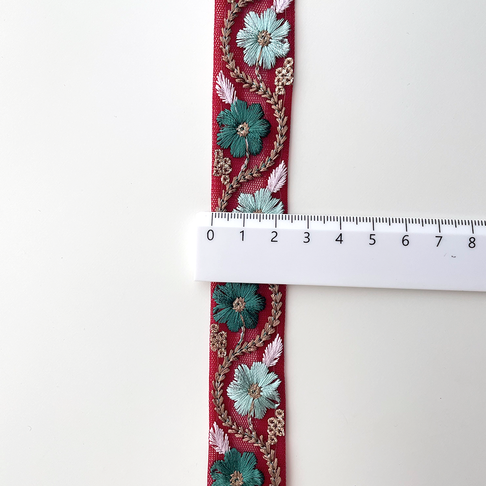 761 【 幅：2.5cm 】 インド刺繍リボン　ダークチェリー　チュール　グリーン　ミント