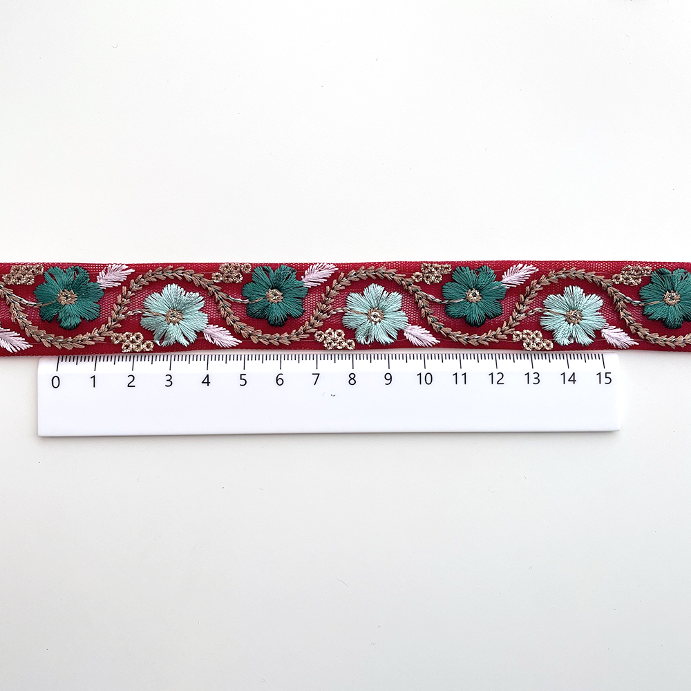 761 【 幅：2.5cm 】 インド刺繍リボン　ダークチェリー　チュール　グリーン　ミント