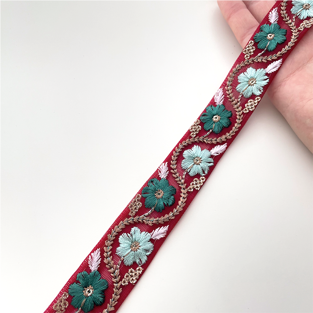 761 【 幅：2.5cm 】 インド刺繍リボン　ダークチェリー　チュール　グリーン　ミント