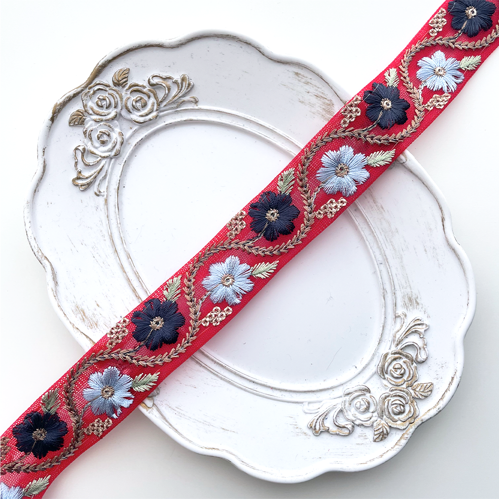 762 【 幅：2.5cm 】 インド刺繍リボン　ファイアレッド　チュール　ネイビー　ブルー