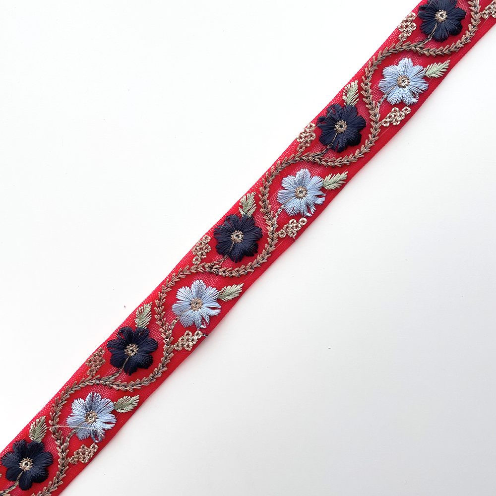 762 【 幅：2.5cm 】 インド刺繍リボン　ファイアレッド　チュール　ネイビー　ブルー