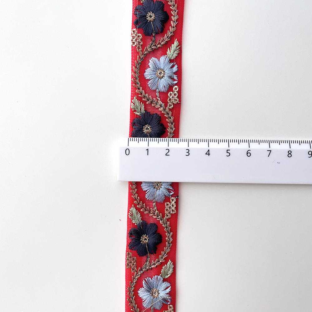 762 【 幅：2.5cm 】 インド刺繍リボン　ファイアレッド　チュール　ネイビー　ブルー