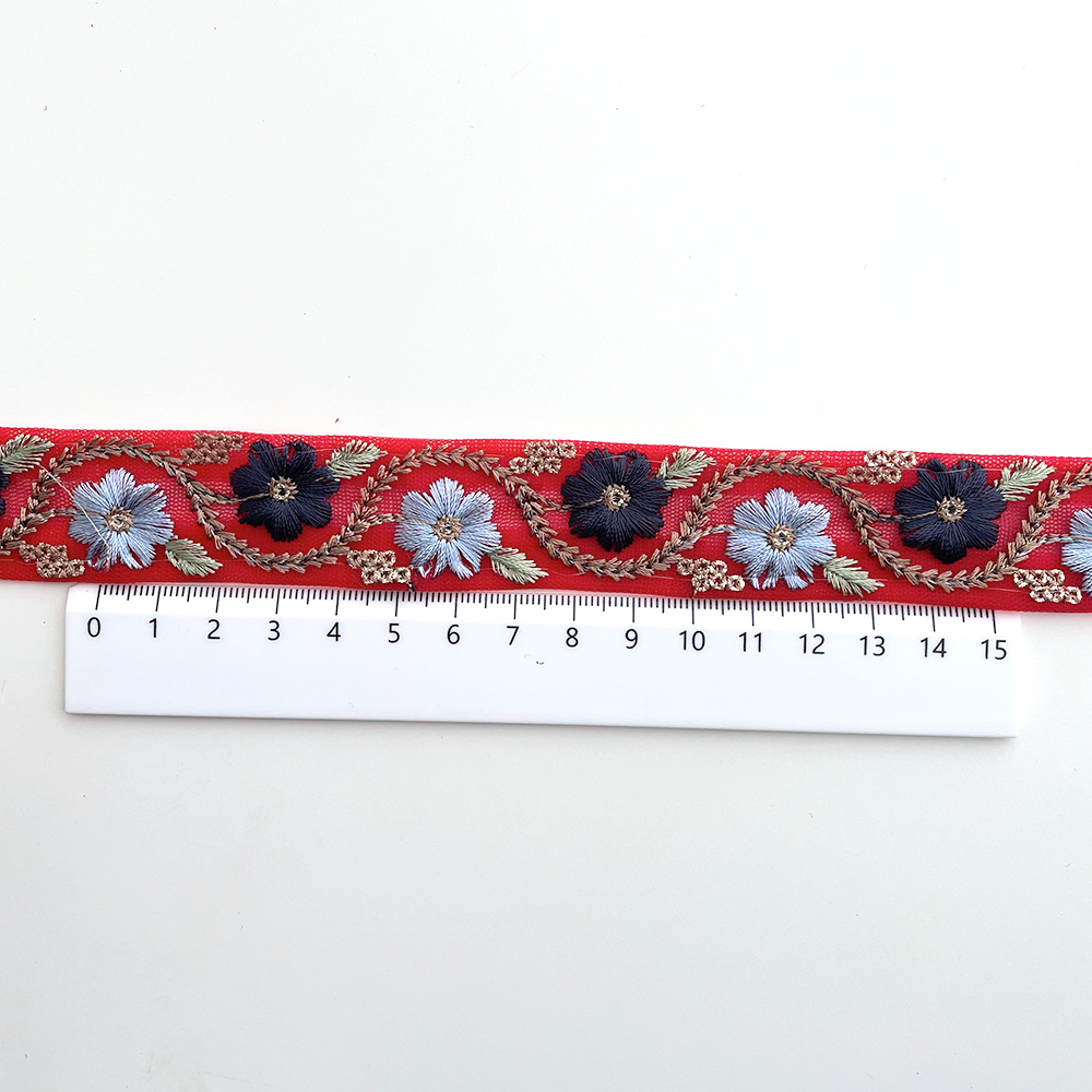762 【 幅：2.5cm 】 インド刺繍リボン　ファイアレッド　チュール　ネイビー　ブルー