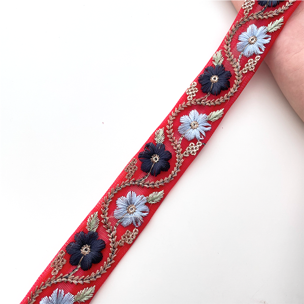 762 【 幅：2.5cm 】 インド刺繍リボン　ファイアレッド　チュール　ネイビー　ブルー