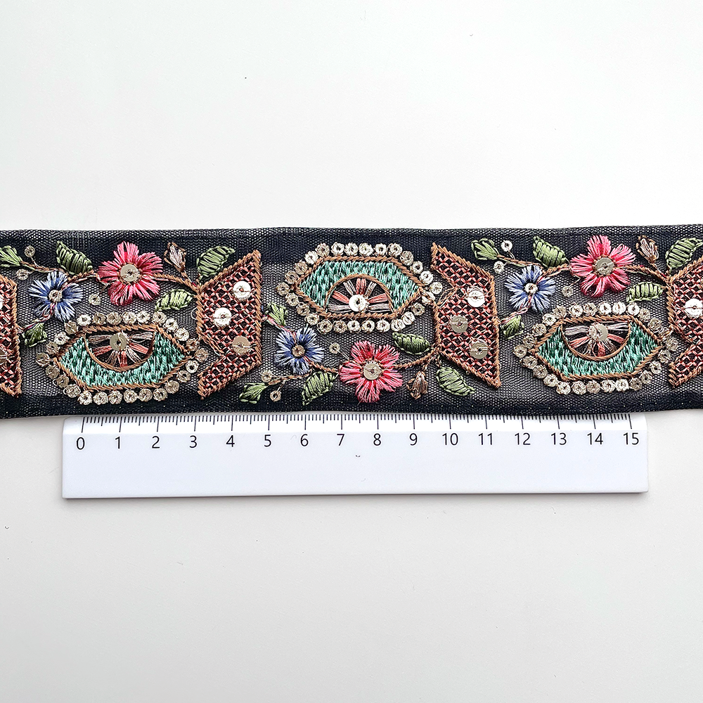 770 【 幅：5cm 】 インド刺繍リボン　ブラック　チュール　グリーン　レッド　ブラウン
