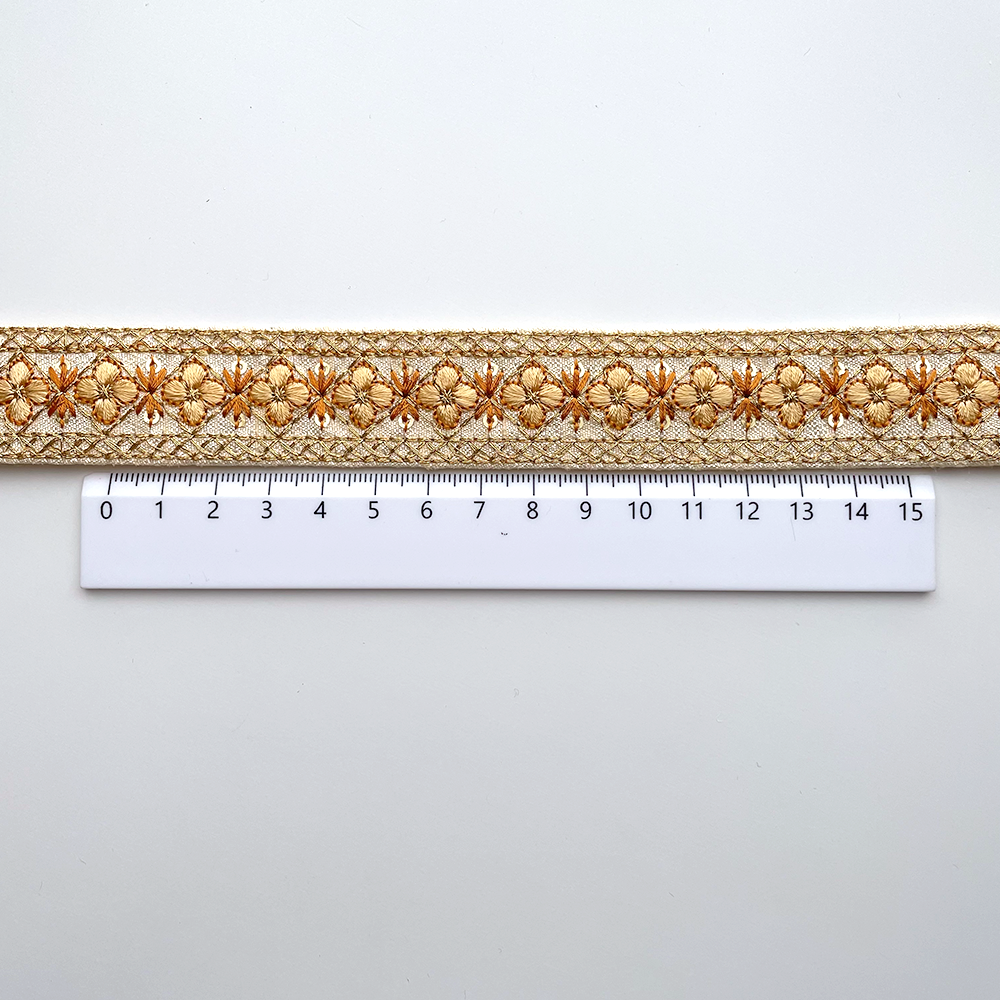 775 【 幅：2.5cm 】 インド刺繍リボン　イエロー　布地　オレンジ　ゴールド