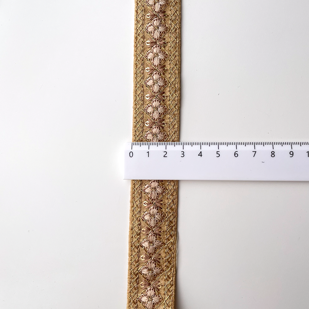 776 【 幅：2.5cm 】 インド刺繍リボン　ベージュ　布地　グレージュ　ゴールド