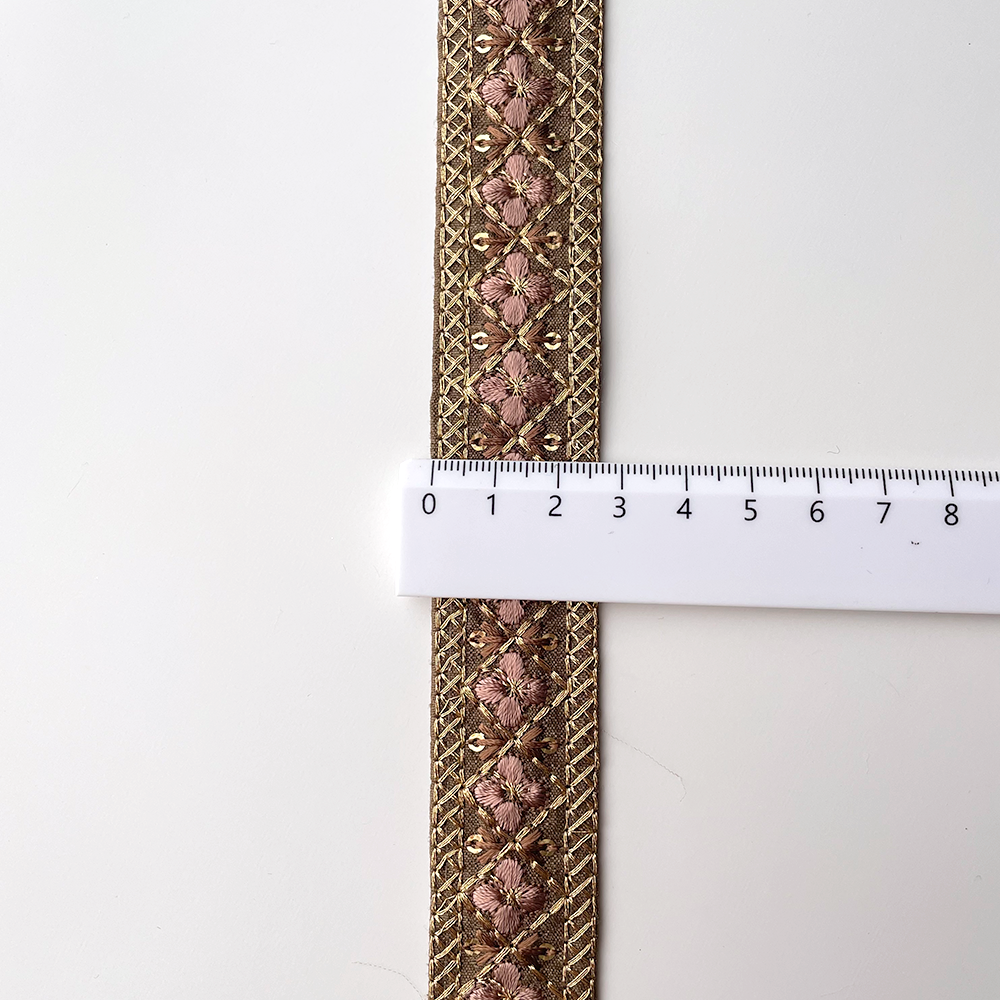 778 【 幅：2.5cm 】 インド刺繍リボン　ブラウン　布地　ゴールド