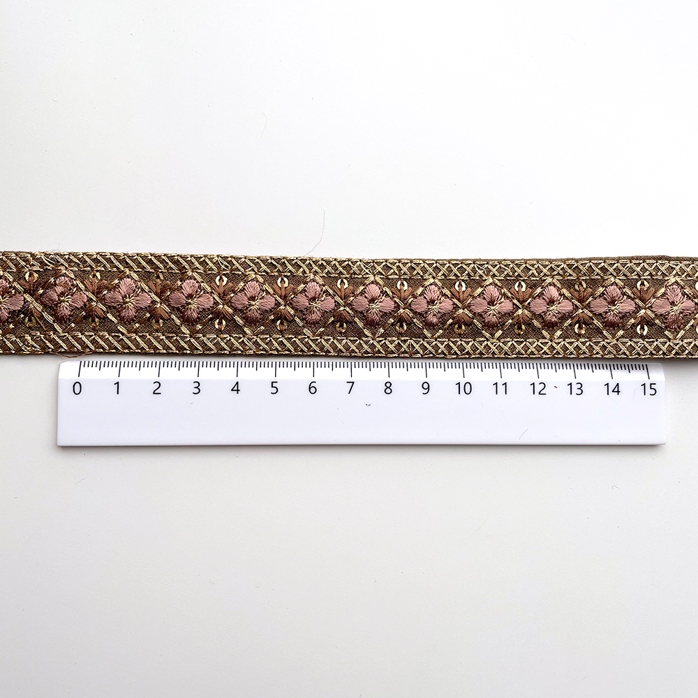 778 【 幅：2.5cm 】 インド刺繍リボン　ブラウン　布地　ゴールド