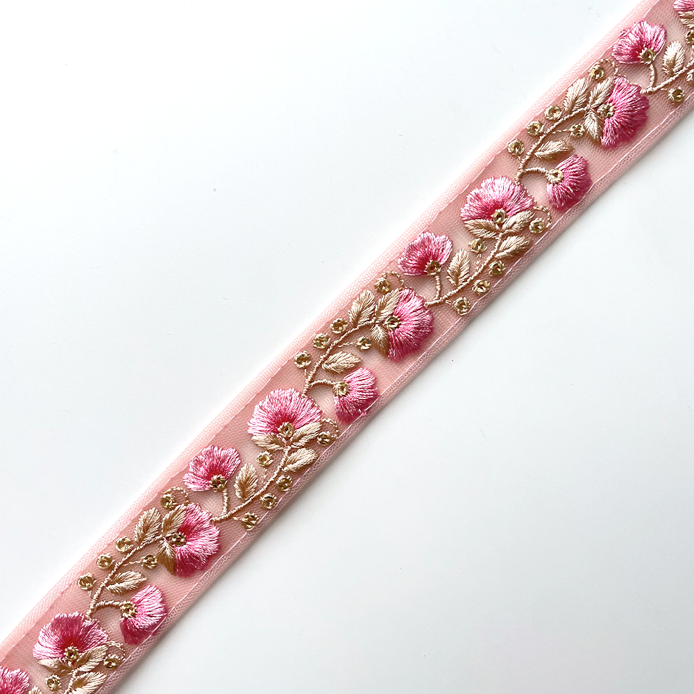 784 【 幅：3cm 】 インド刺繍リボン　サクラ　チュール　ゴールド