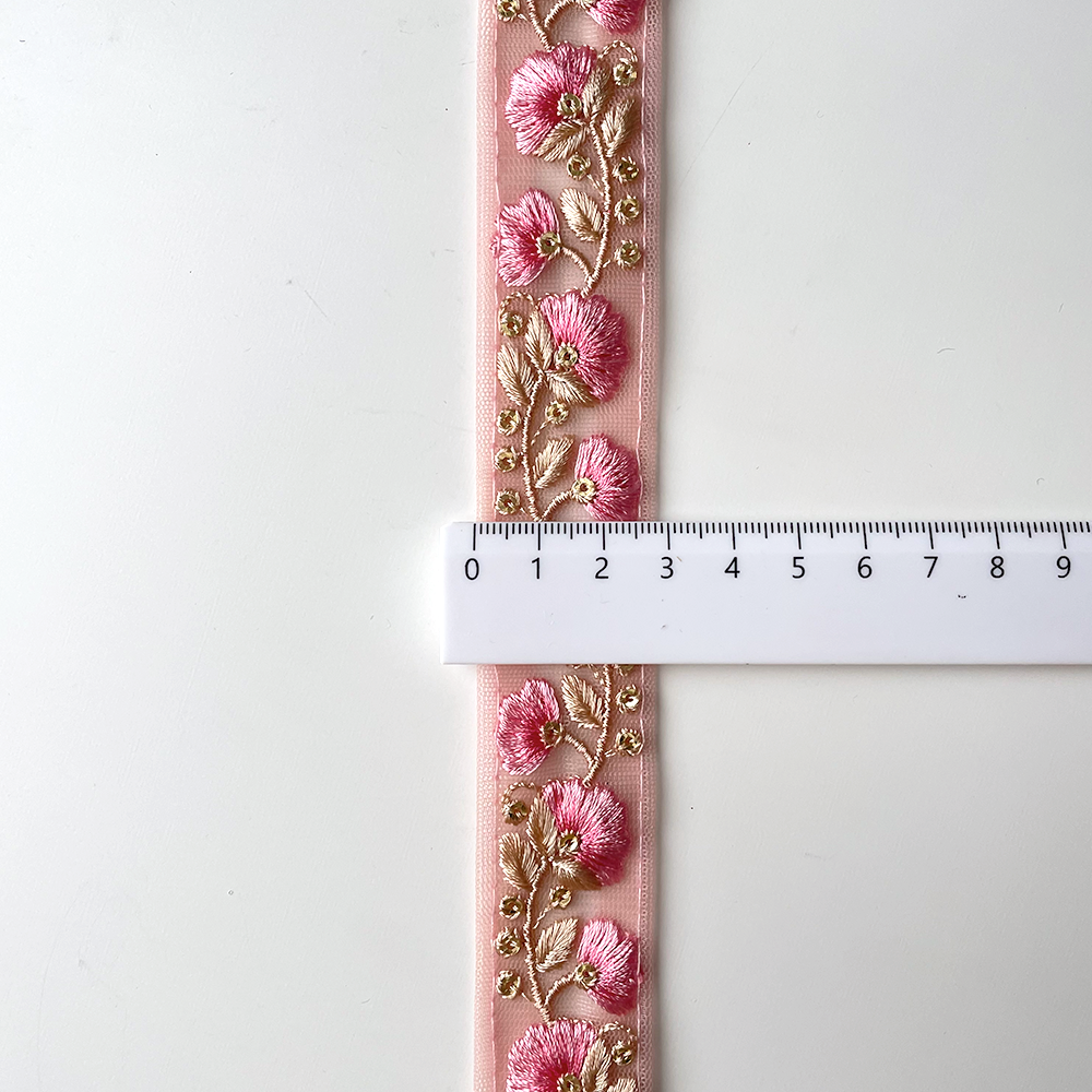 784 【 幅：3cm 】 インド刺繍リボン　サクラ　チュール　ゴールド