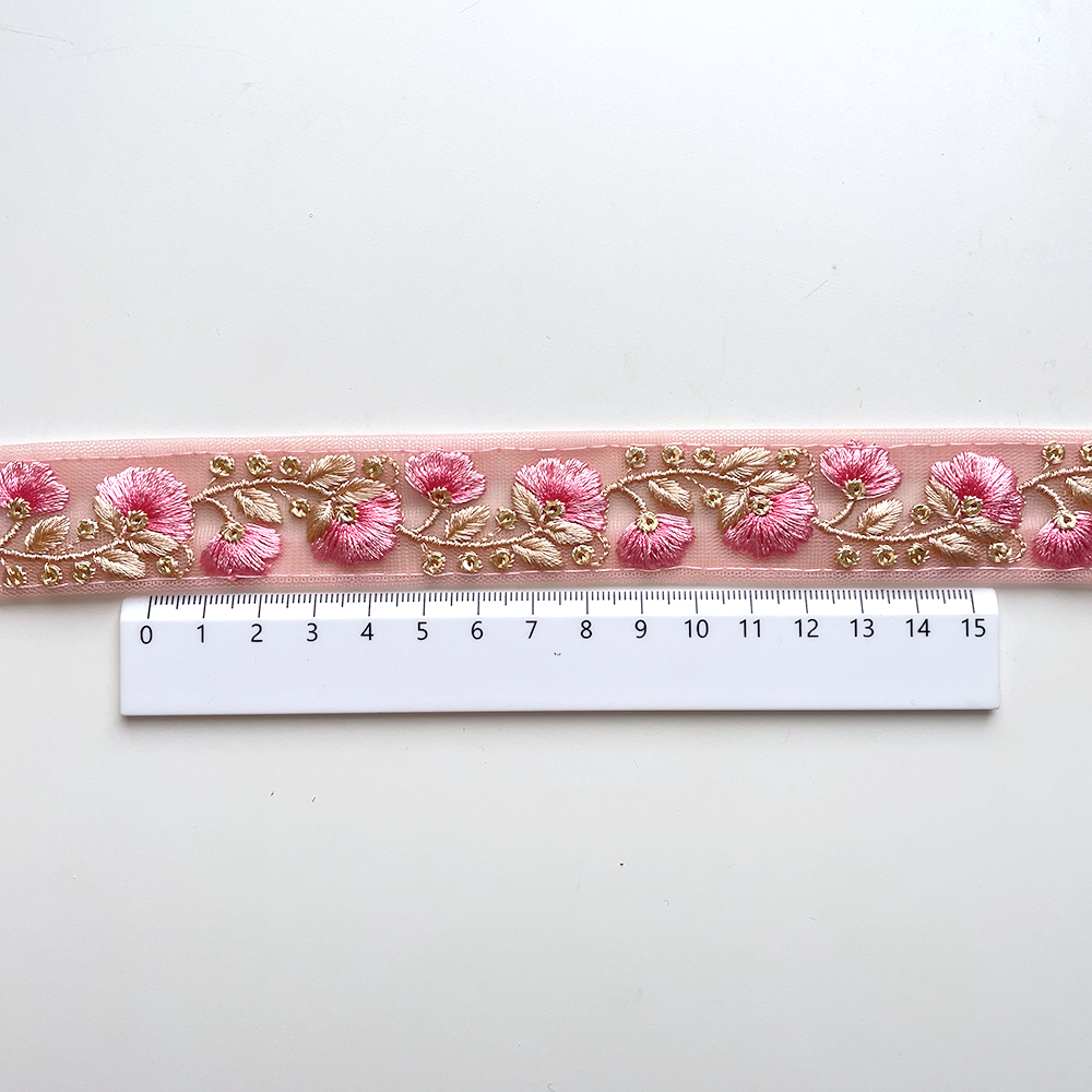784 【 幅：3cm 】 インド刺繍リボン　サクラ　チュール　ゴールド