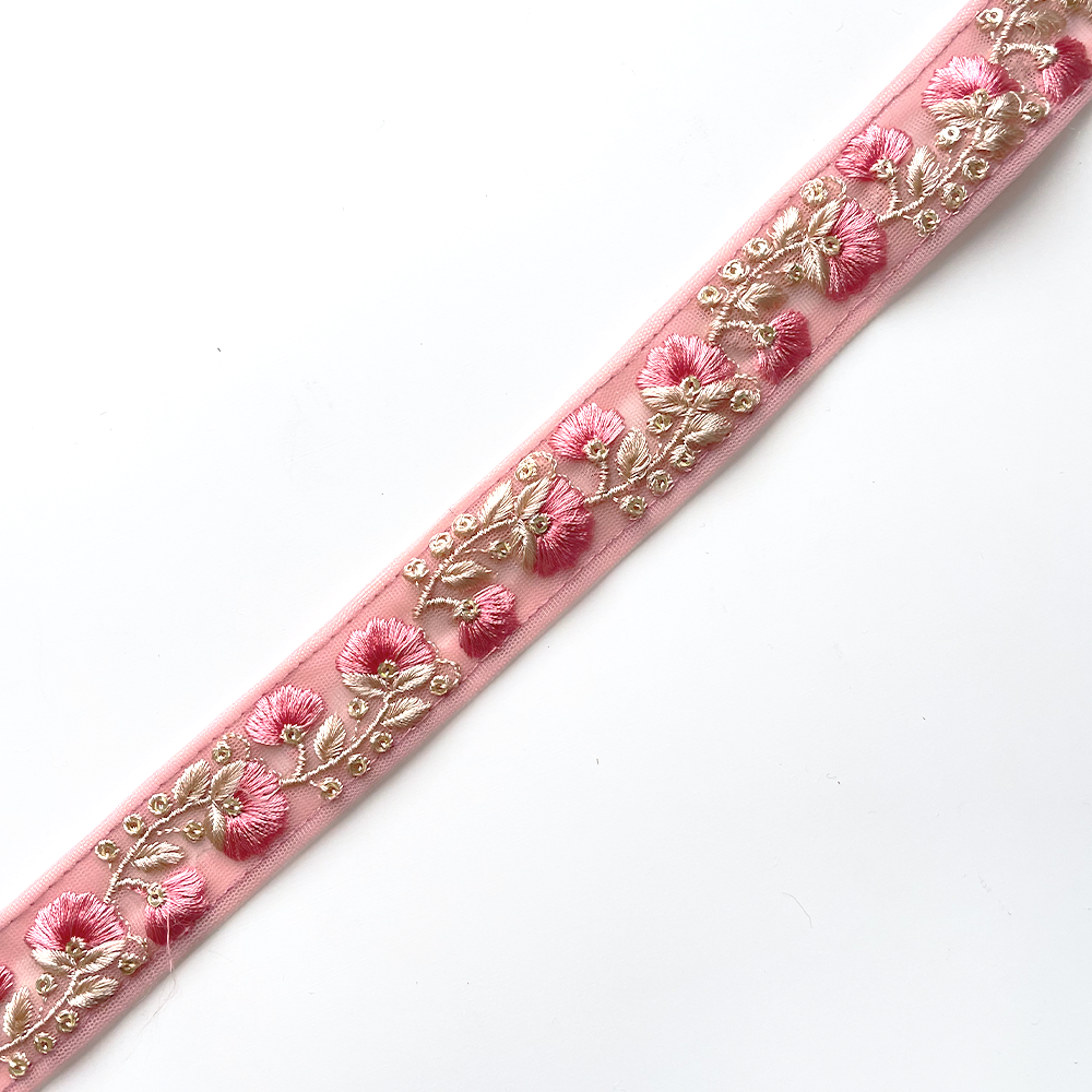 785 【 幅：3cm 】 インド刺繍リボン　ピーチ　チュール　ゴールド