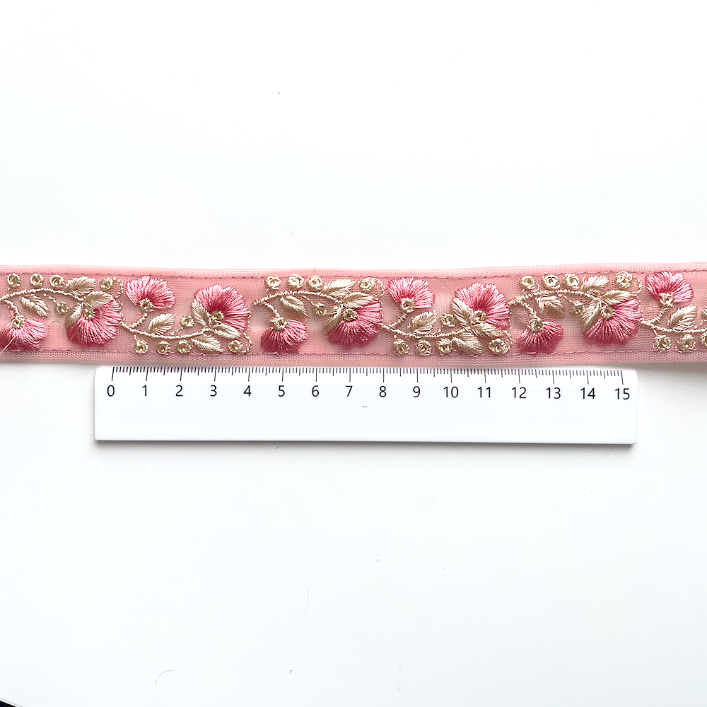 785 【 幅：3cm 】 インド刺繍リボン　ピーチ　チュール　ゴールド