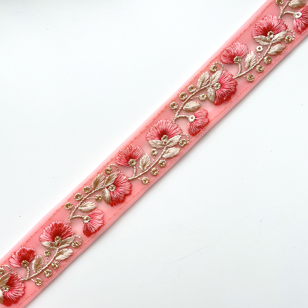 786 【 幅：3cm 】 インド刺繍リボン　コーラル　チュール　ゴールド
