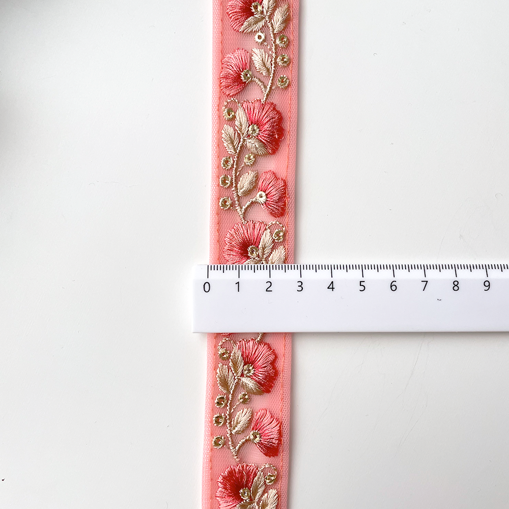 786 【 幅：3cm 】 インド刺繍リボン　コーラル　チュール　ゴールド