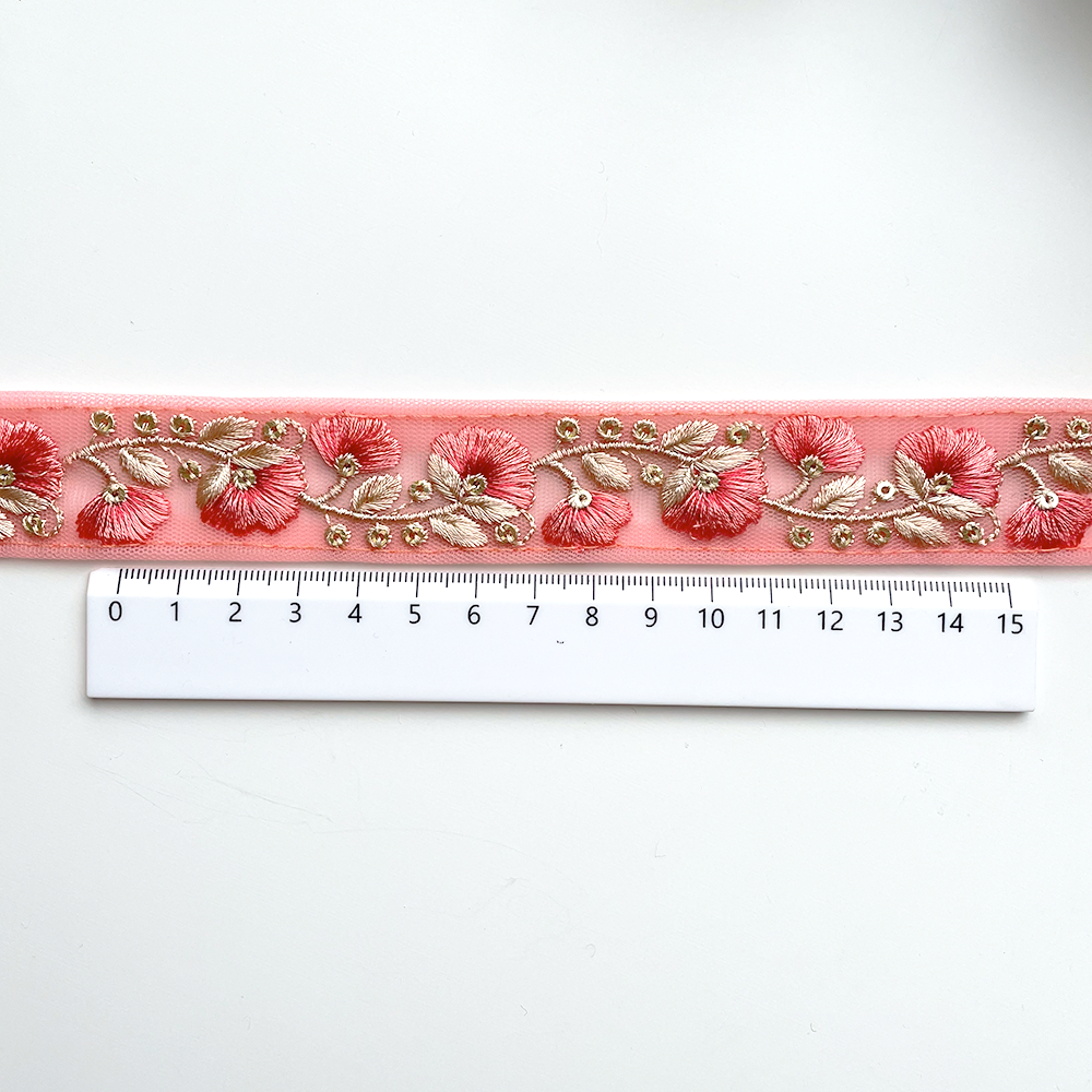 786 【 幅：3cm 】 インド刺繍リボン　コーラル　チュール　ゴールド