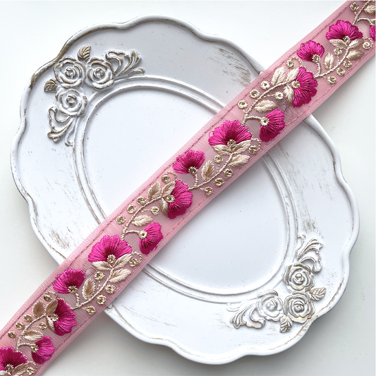787 【 幅：3cm 】 インド刺繍リボン　ルビー　チュール　ゴールド