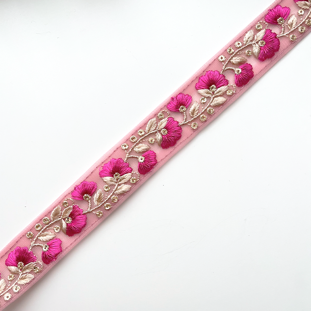 787 【 幅：3cm 】 インド刺繍リボン　ルビー　チュール　ゴールド
