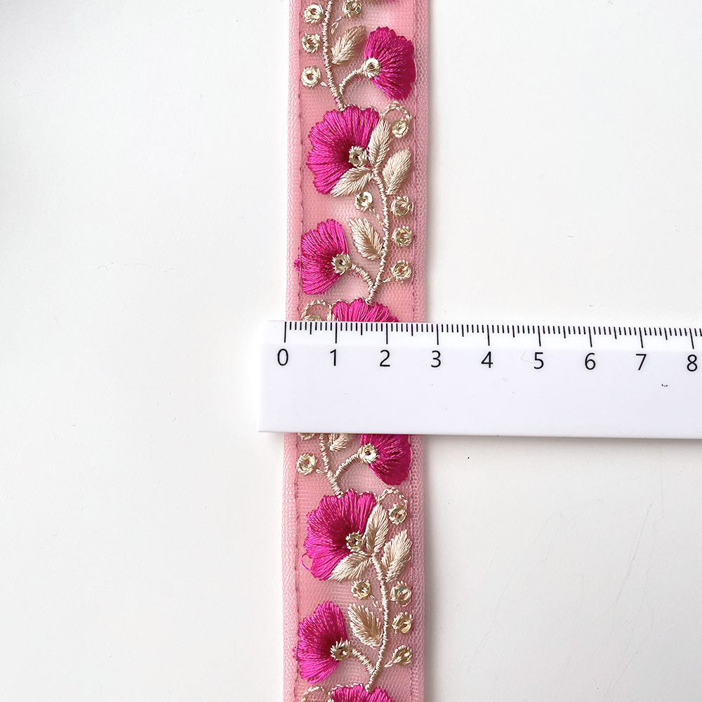 787 【 幅：3cm 】 インド刺繍リボン　ルビー　チュール　ゴールド