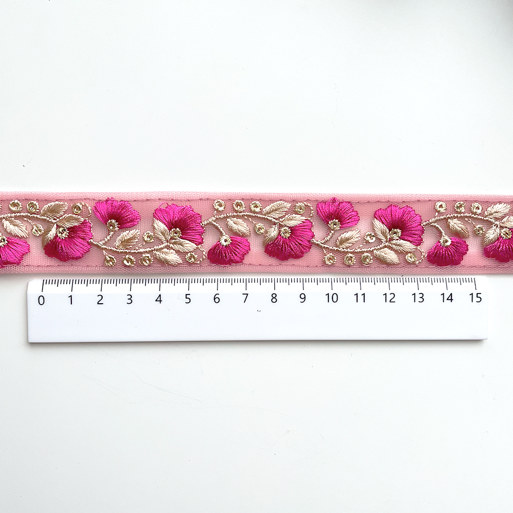 787 【 幅：3cm 】 インド刺繍リボン　ルビー　チュール　ゴールド