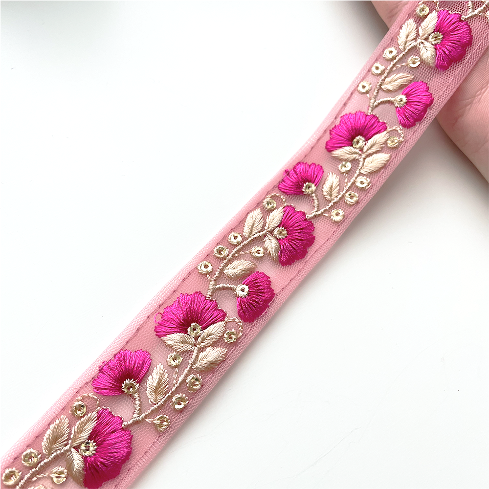 787 【 幅：3cm 】 インド刺繍リボン　ルビー　チュール　ゴールド