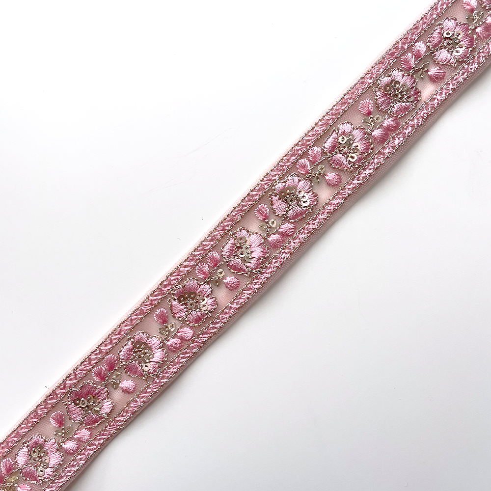 793 【 幅：3cm 】 インド刺繍リボン　サクラ　チュール　ゴールド