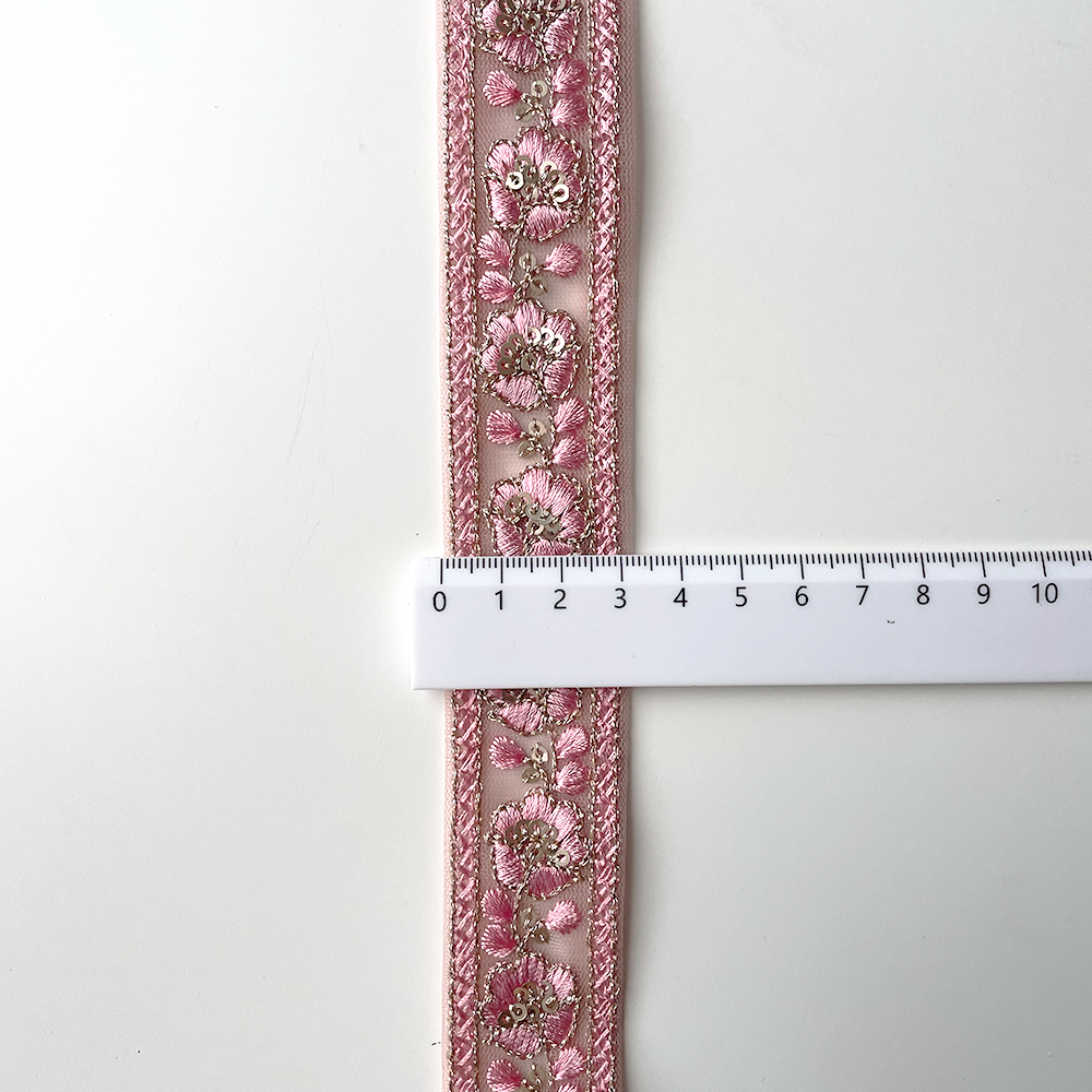 793 【 幅：3cm 】 インド刺繍リボン　サクラ　チュール　ゴールド