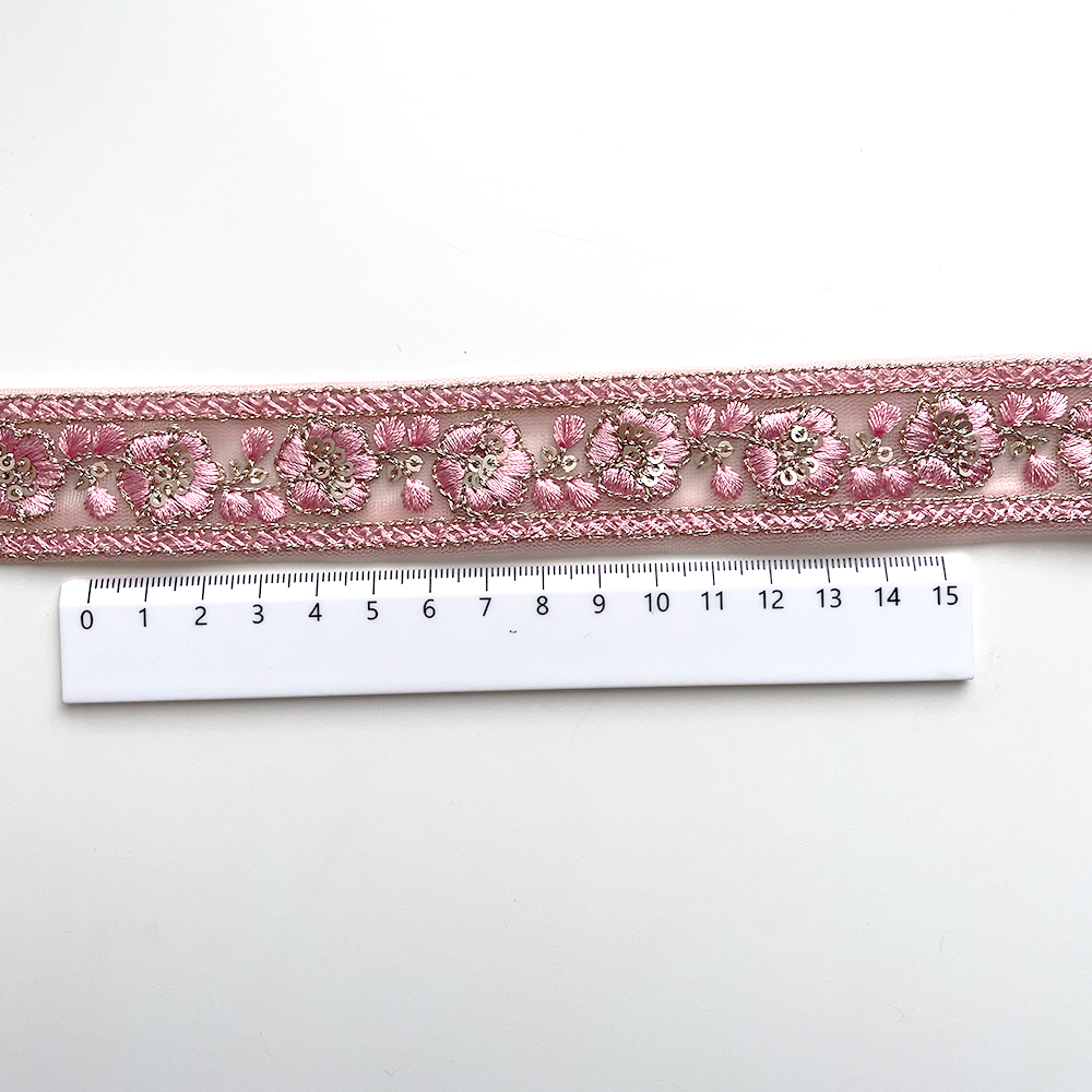 793 【 幅：3cm 】 インド刺繍リボン　サクラ　チュール　ゴールド